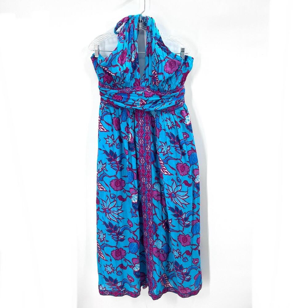 Caroline Constas Turquoise Floral Cotton Criss Cross Halter Maxi Dress Womens XL - Picture 2 of 8